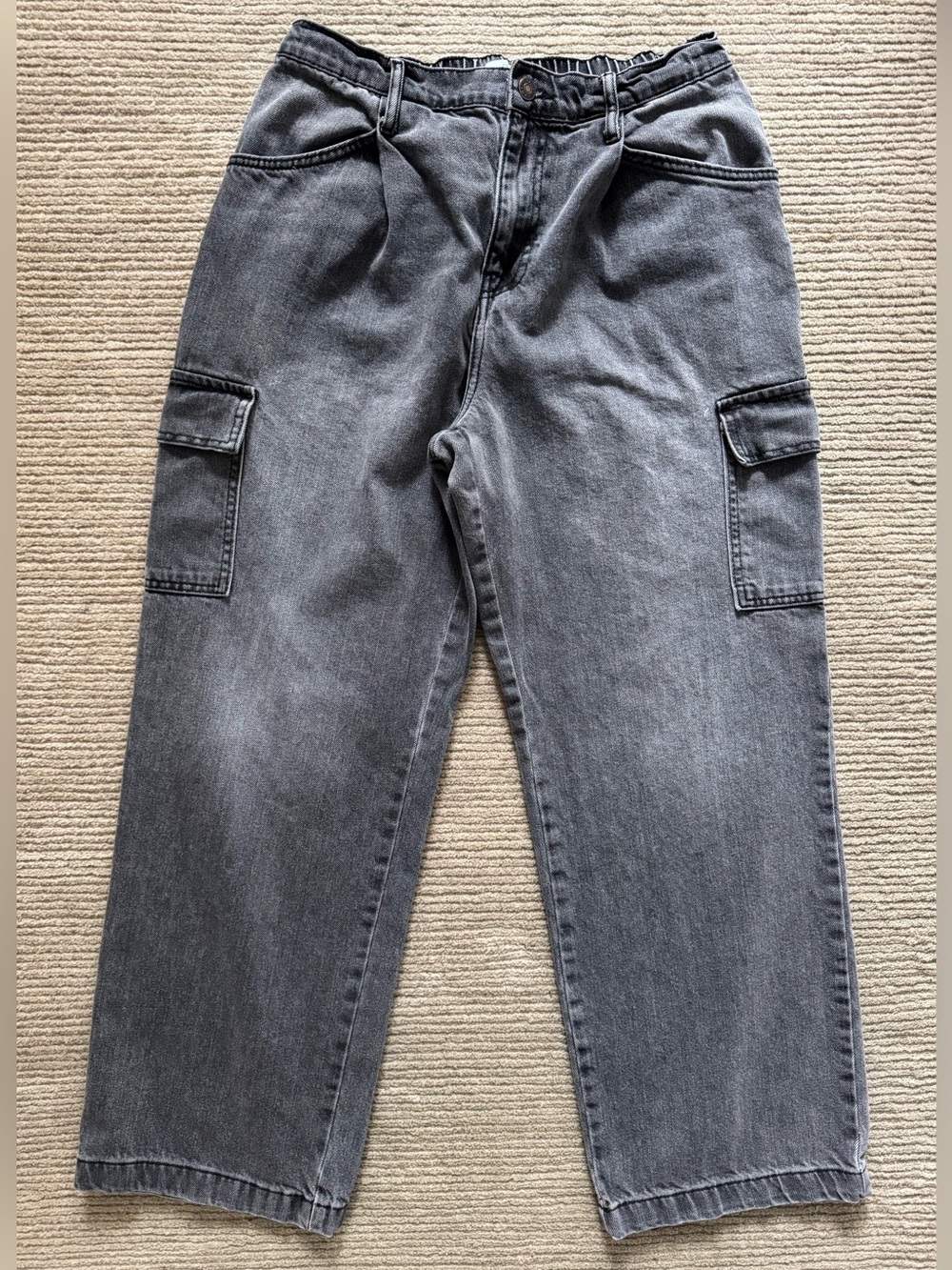 Forever 21 Wide Leg Cargo High Rise Denim Gray Pleated Jeans Elastic Waist Large